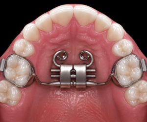 Top view of the upper dental arch showing a palatal expander attached to the molars with wires and screws used to widen the palate.