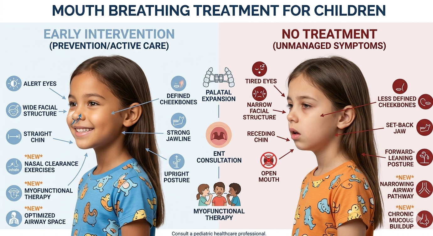 Infographic showing mouth-breathing treatment for children, left side: early intervention with labeled therapies and a smiling girl; right side: no treatment with symptoms and a frustrated girl.