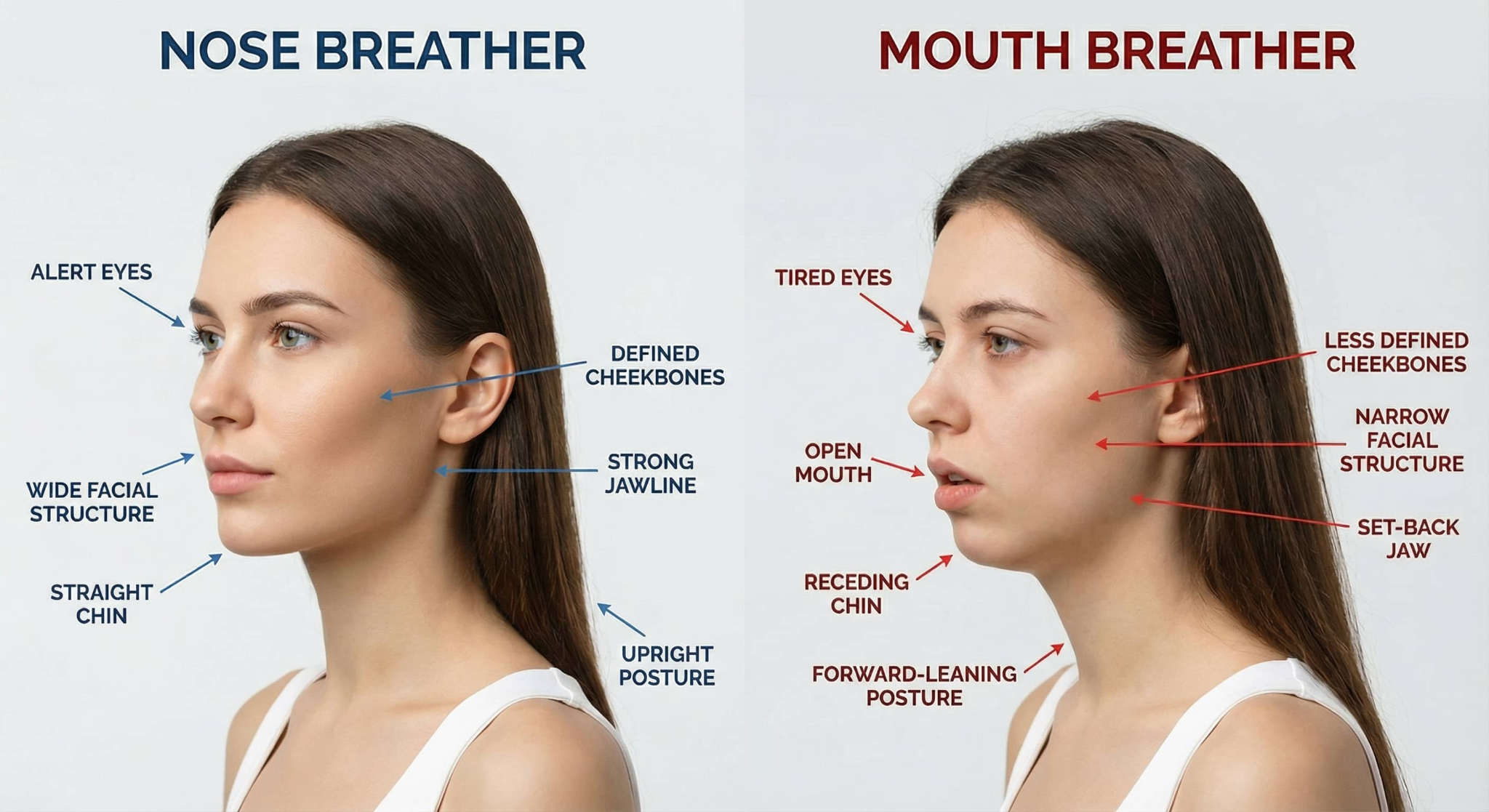 Side-by-side comparison of a nose breather and a mouth breather with labeled facial features and arrows for emphasis.