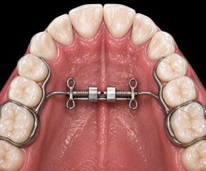 Top view of the upper dental arch showing a palatal expansion device attached to the molars with a central screw mechanism